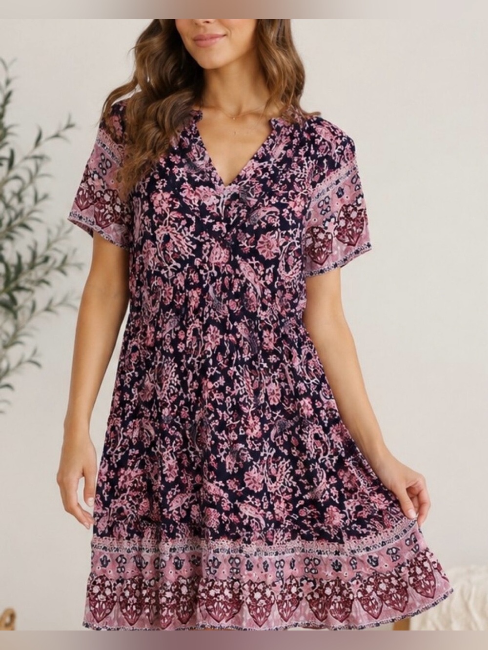 Knox Rose Navy Blue Plus Dress Womens XXL Boho Peasant Tassel 3/4 Sleeve Rayon